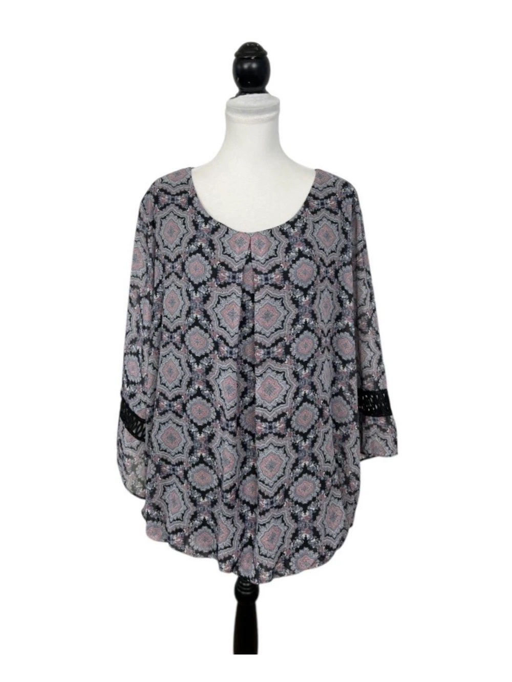 AB Studio Blouse Plus Size 2X Floral Peasant Lace Trim Multicolored Tunic Top